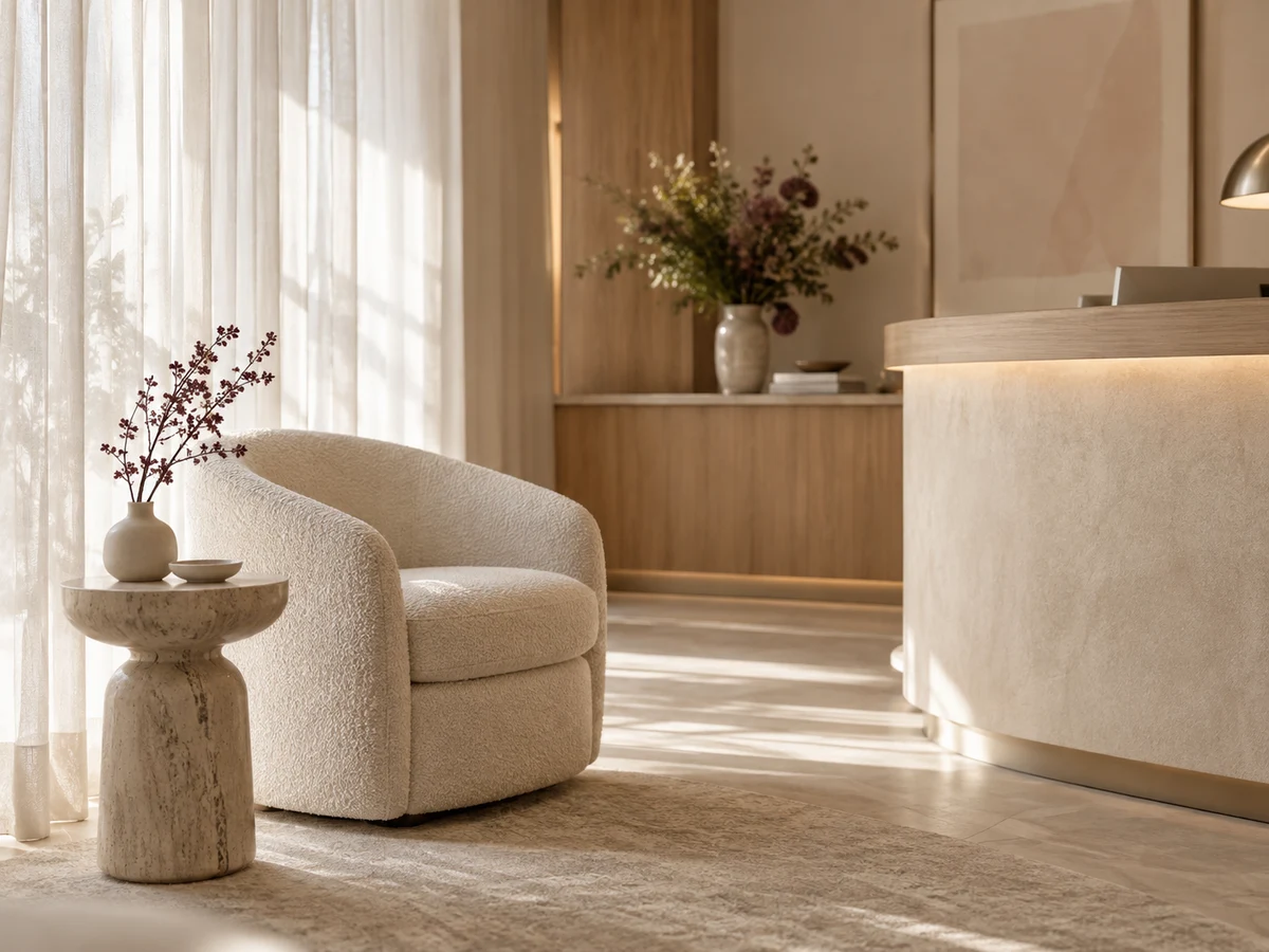 Recepção tranquila com poltrona e luz natural — imagem conceitual gerada por IA